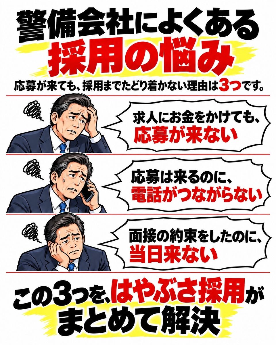 警備会社によくある採用の悩み。応募が来ても、採用までたどり着かない理由は3つです。求人にお金をかけても、応募が来ない。応募は来るのに、電話がつながらない。面接の約束をしたのに、当日来ない。この3つを、はやぶさ採用がまとめて解決。